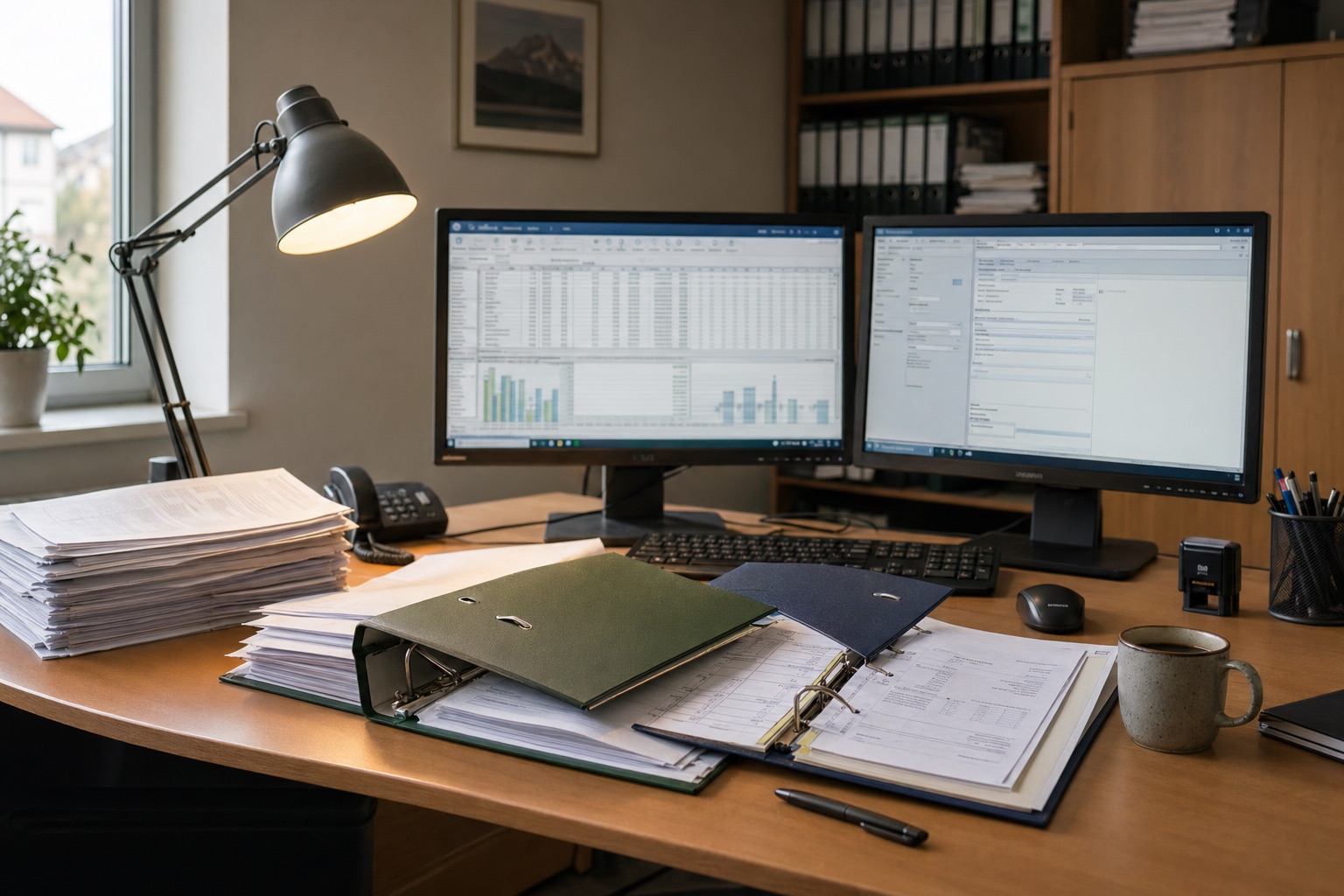 Schreibtisch im Backoffice mit Belegstapel, DATEV-Ordnern und zwei Monitoren mit Buchhaltungs-Tabellen