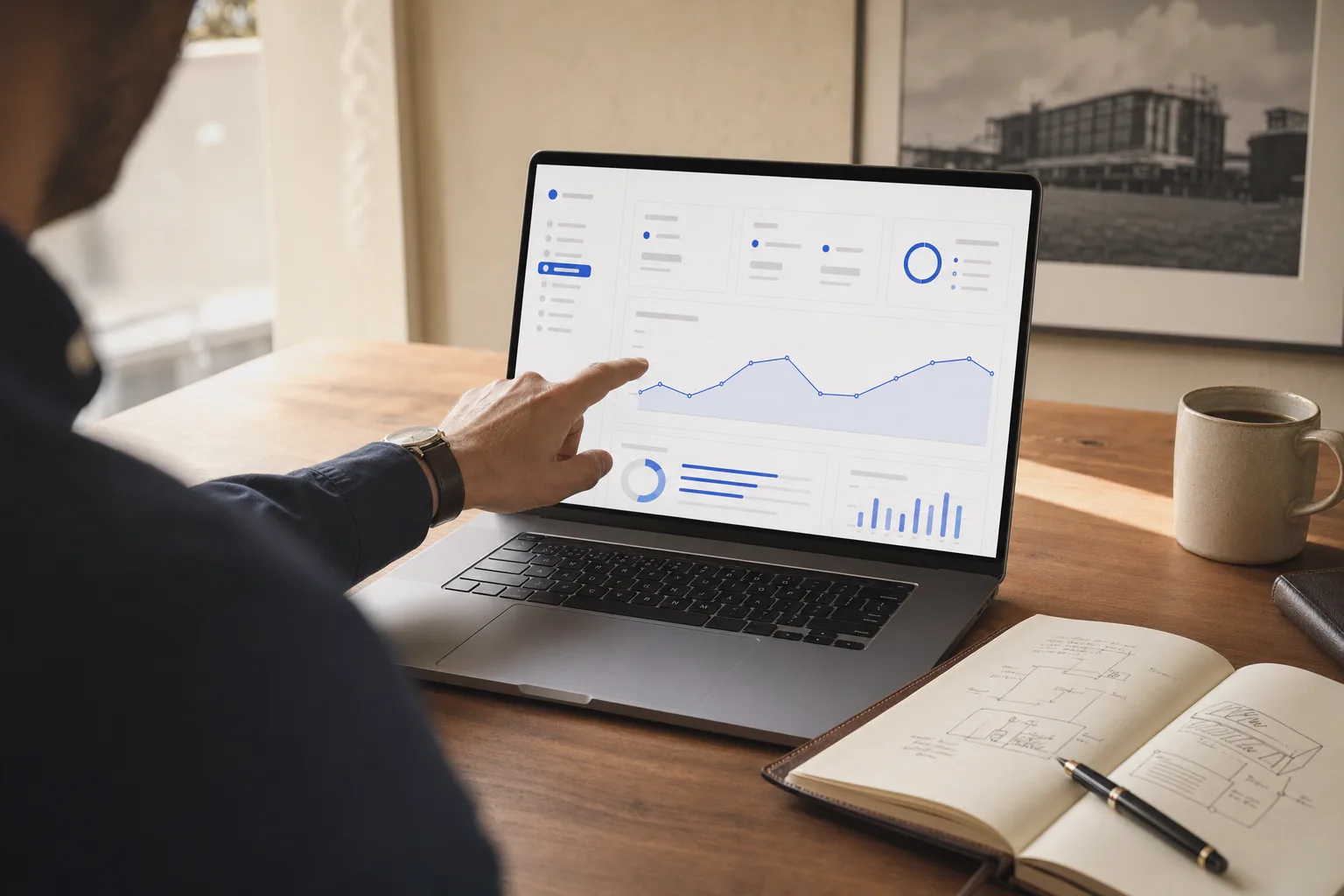 Hand zeigt auf Demo-Dashboard auf einem Laptop-Bildschirm