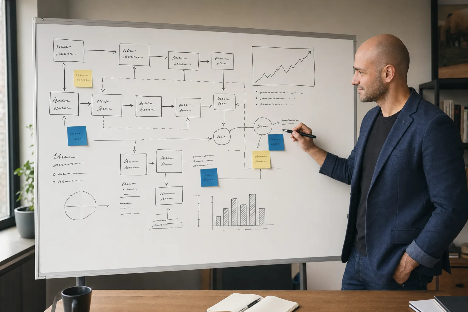 Felipe analysiert Prozess-Diagramme an einem Whiteboard